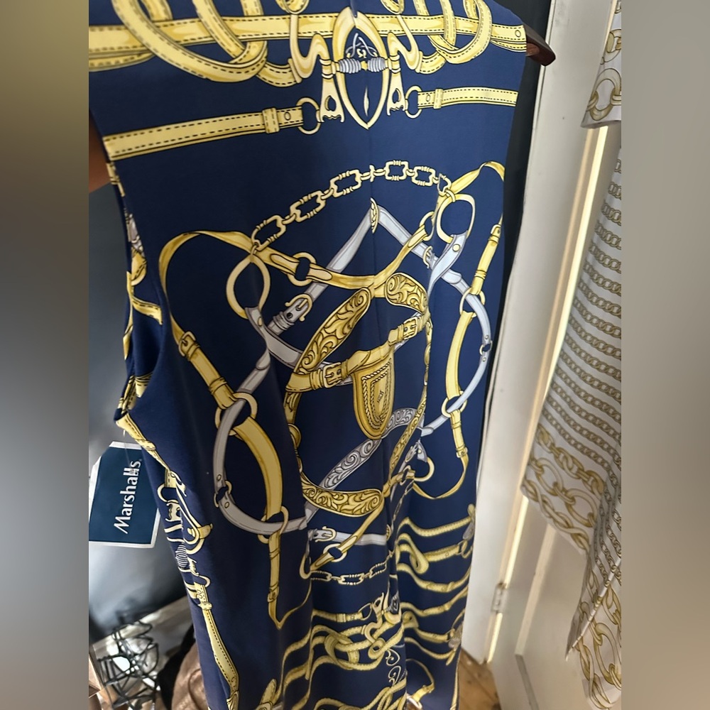 J McLaughlin Dress Womens Small Navy Gold Sleeveless Sophia Cheshire Chain Print